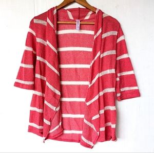 PINKBLUSH Maternity coral pink striped open front waterfall cardigan sweater